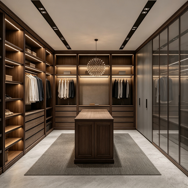 Modern Minimalist U‑Shaped Walk‑in Closet Custom Wardrobe With Central Island