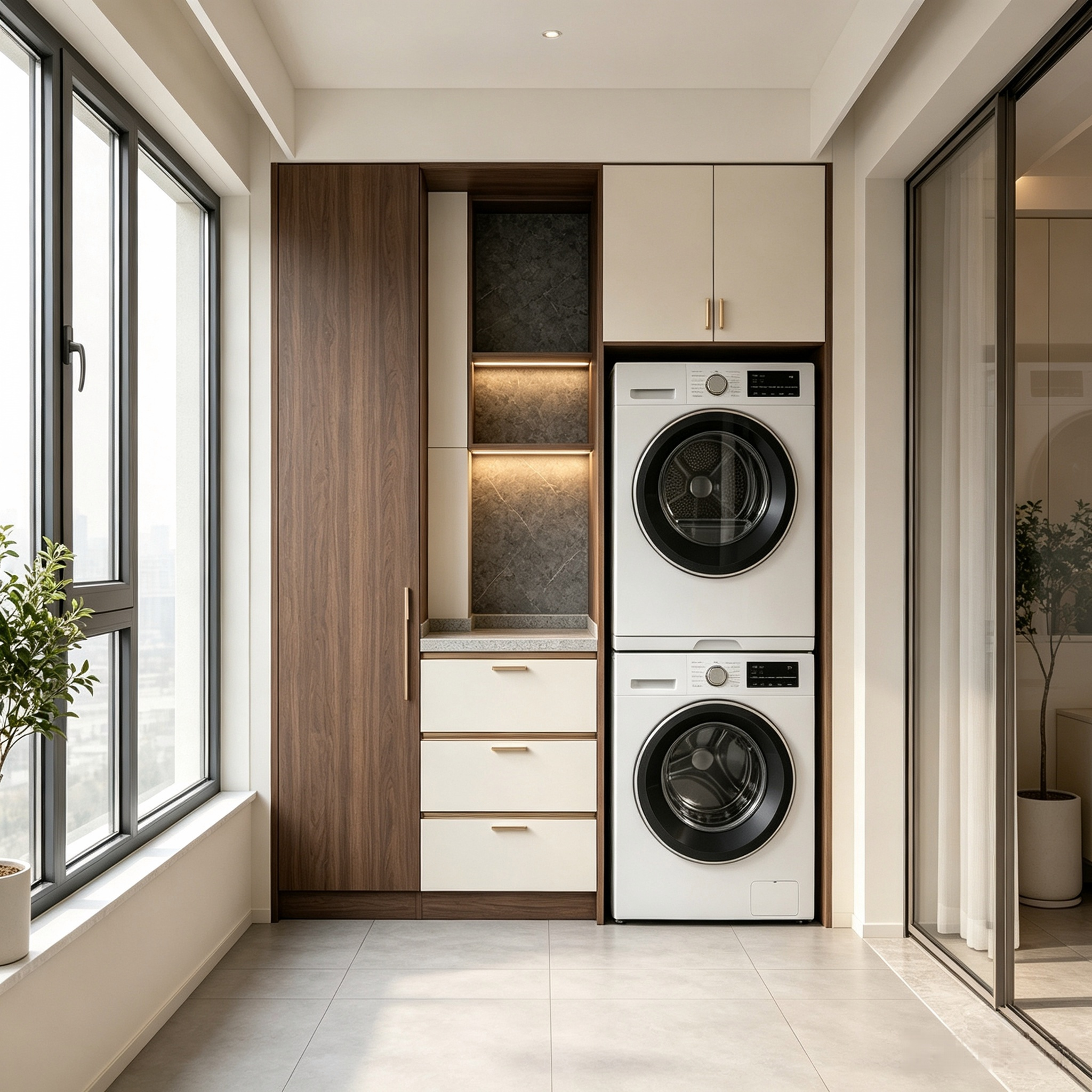 Custom Balcony Cabinet Stacked Washer Dryer Integrated Storage