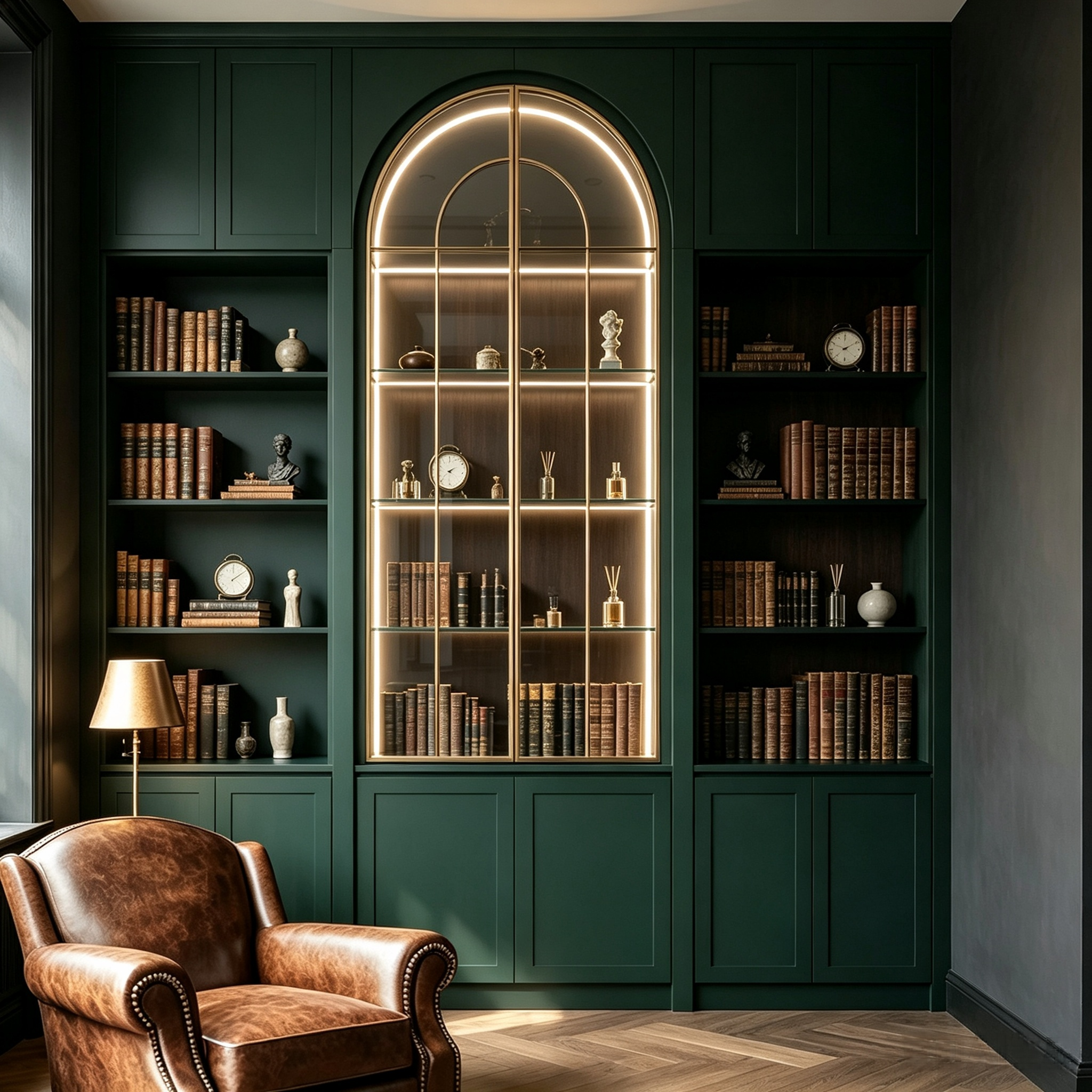 Vintage Arched Full‑wall Bookcase For Study Display