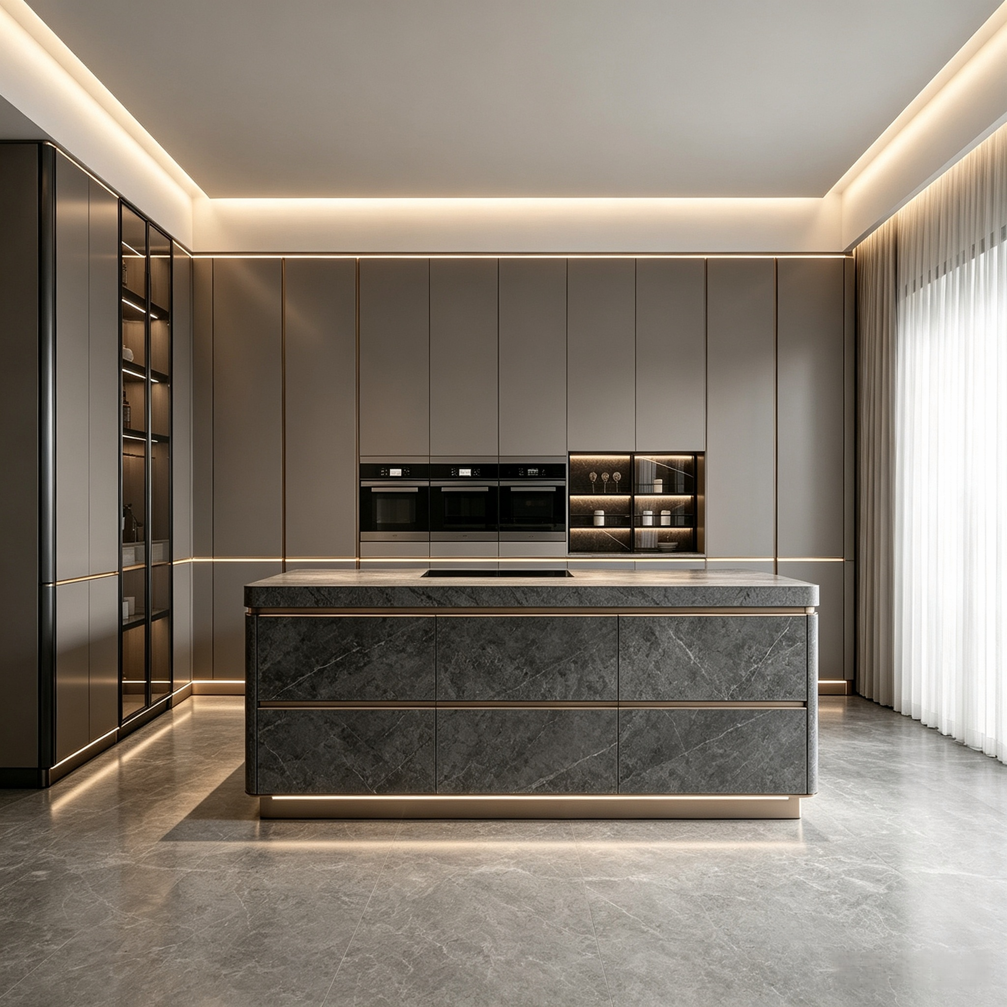 Light‑luxury Complete Kitchen Cabinet With Central Island Design