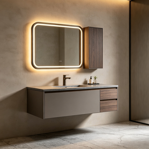 Floating Color‑block Bathroom Vanity With Rounded LED Mirror & Side Wall Cabinet