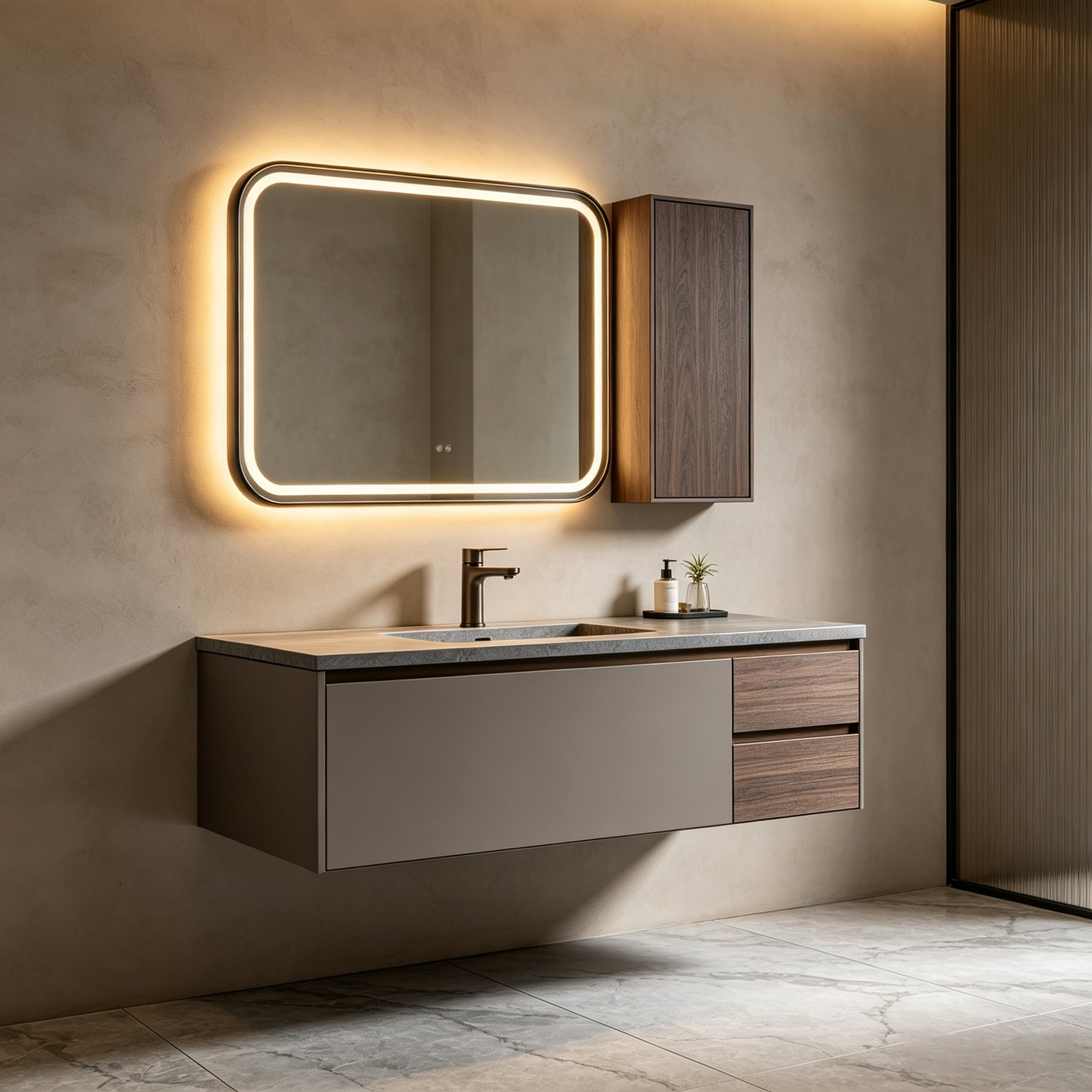 Floating Color‑block Bathroom Vanity With Rounded LED Mirror & Side Wall Cabinet