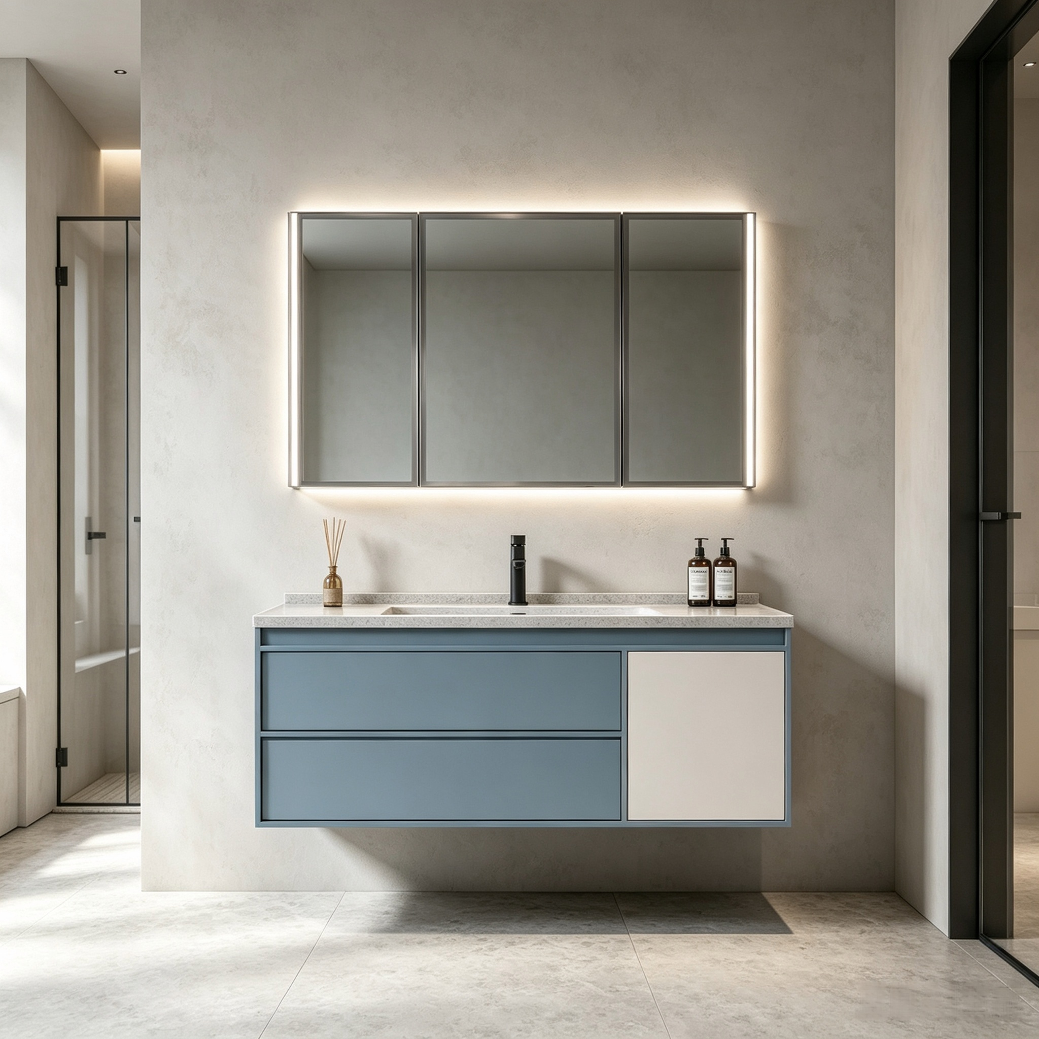  Wall‑mount Floating Bathroom Vanity With Led Mirror Cabinet And Stone Countertop