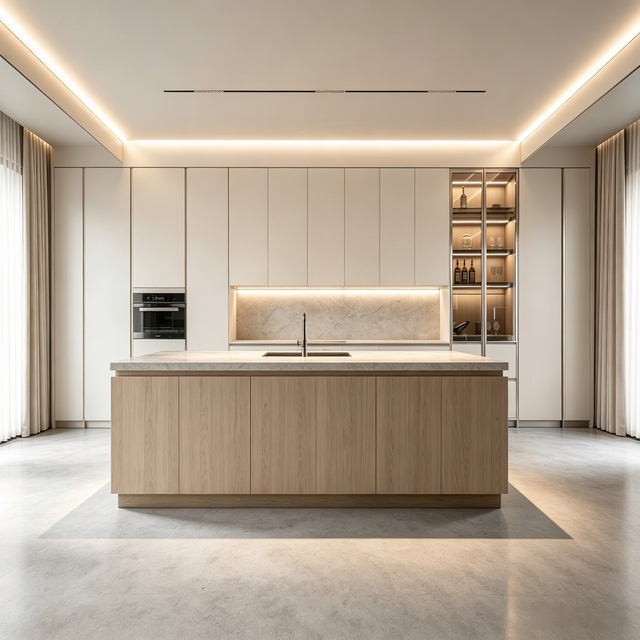 Italian Minimalist Kitchen Cabinet With Full Stone‑clad Island