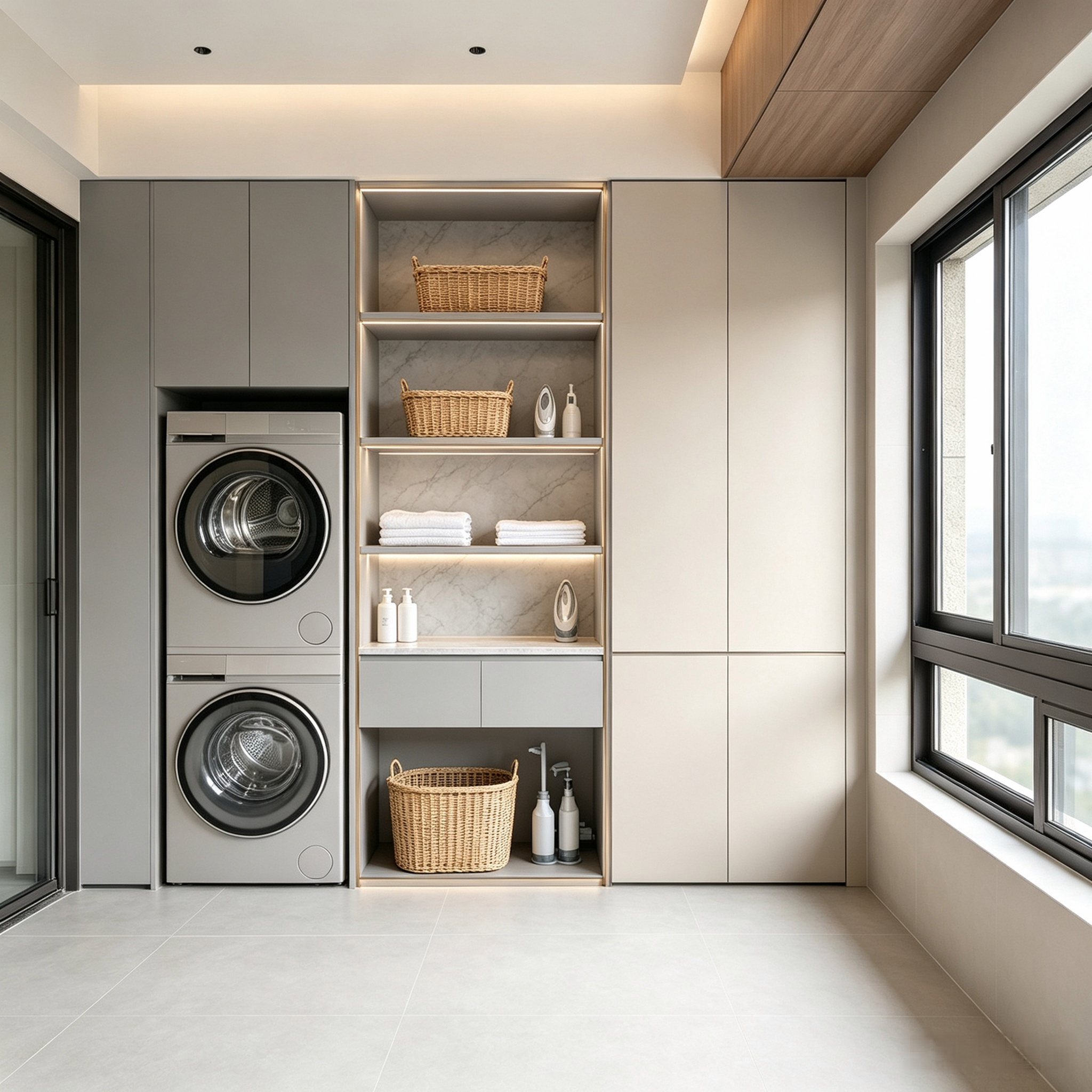 Custom Balcony Laundry Room Stacked Washer Dryer Sink Integrated Cabinet
