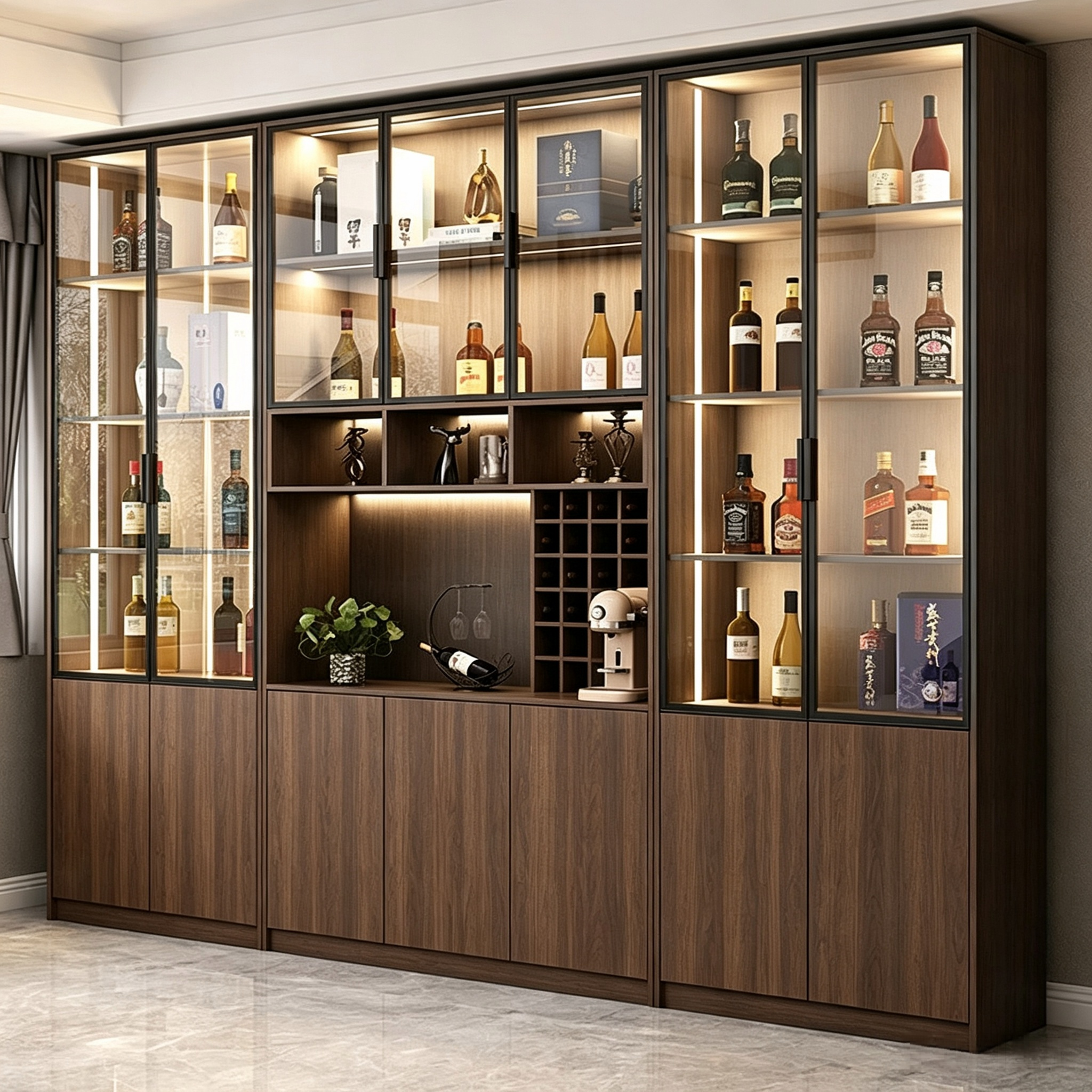 Full‑Wall Integrated Custom Wine Cabinet