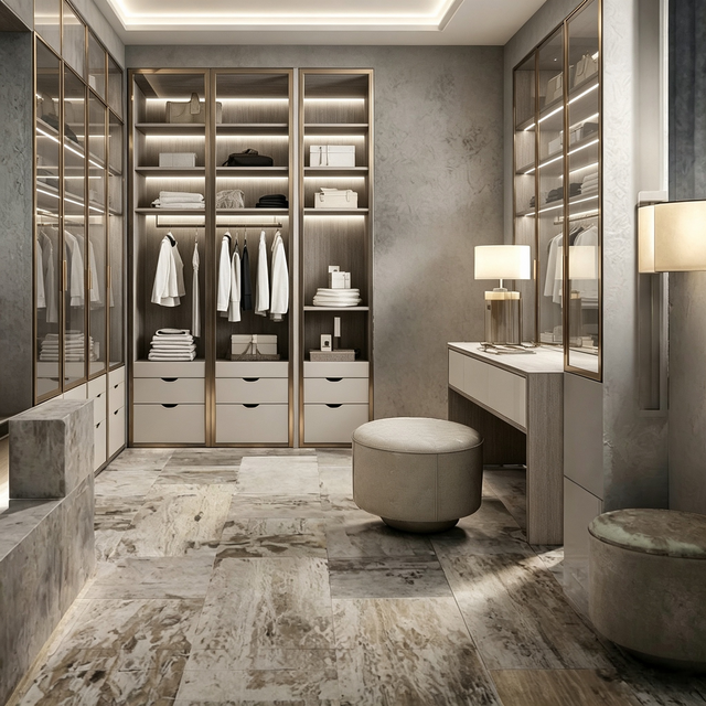 Symmetrical Glass Door Walk‑in Closet Integrated Dressing & Storage